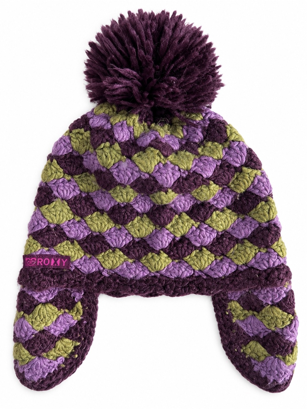 Roxy Knit Earflap Beanie Purple Olive Green Pom Pom Winter Hat One Size